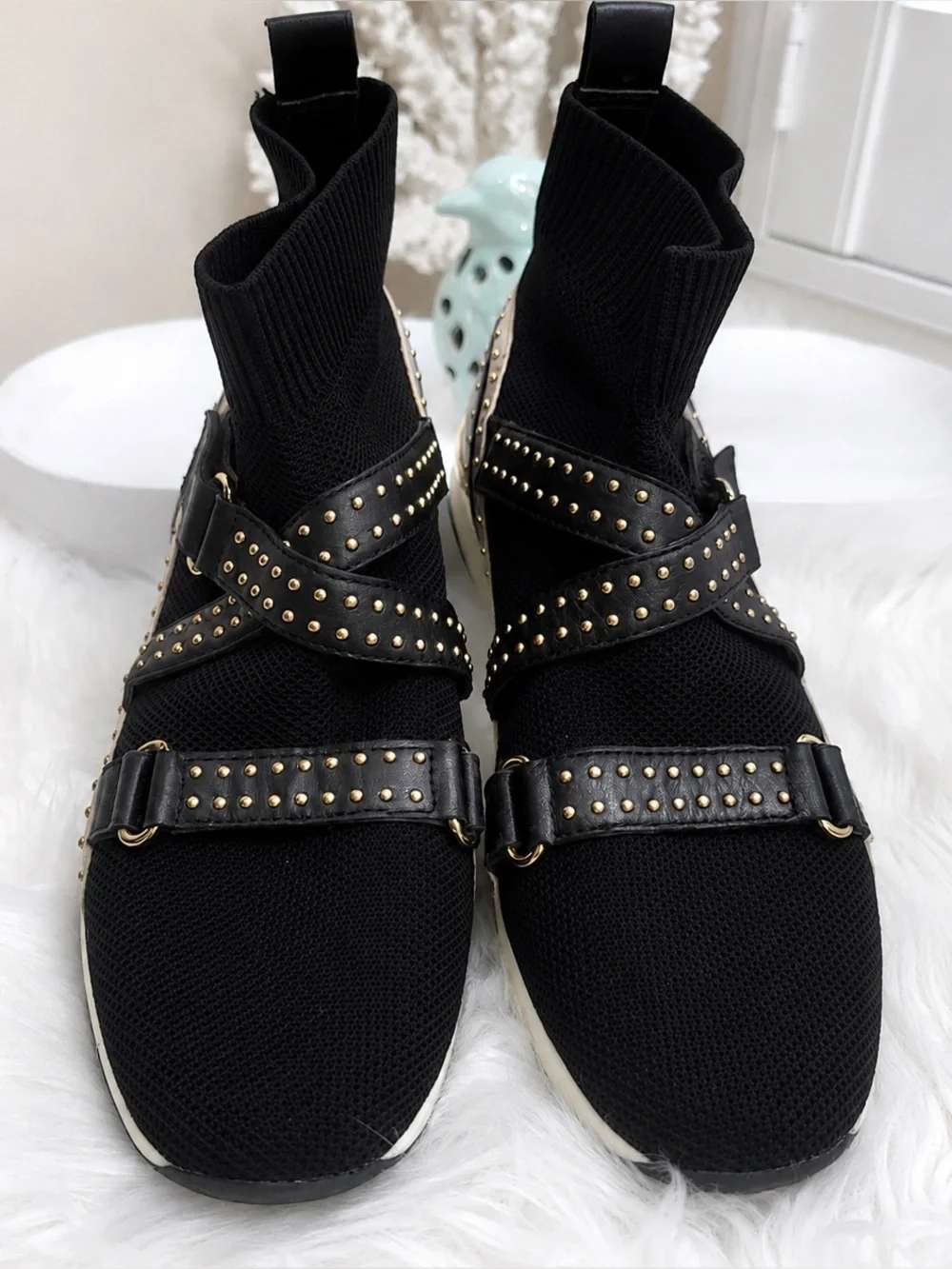 CARVELA Black Kurt Geiger Listen High Top Sock Trainers Studded Buckle Strap 8